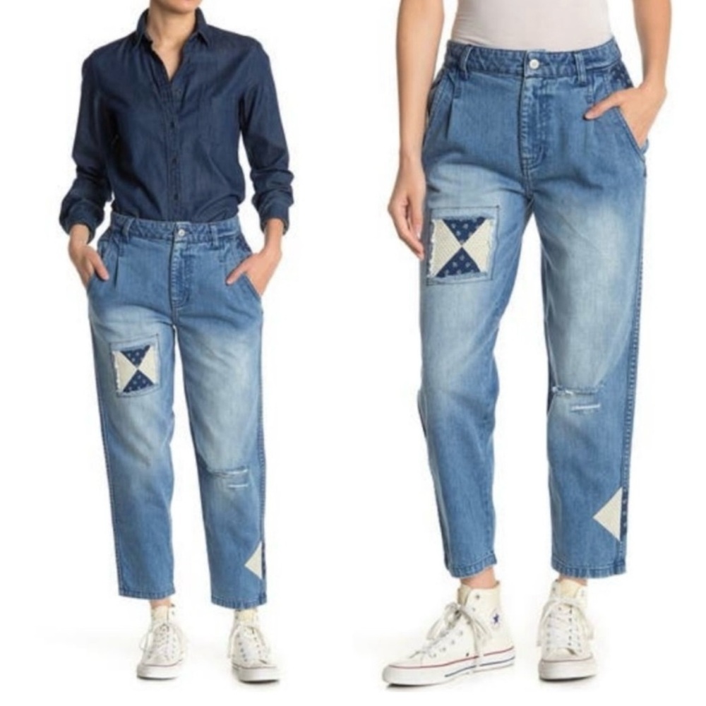 We The Free Light Blue Patchwork Boyfriend Jeans